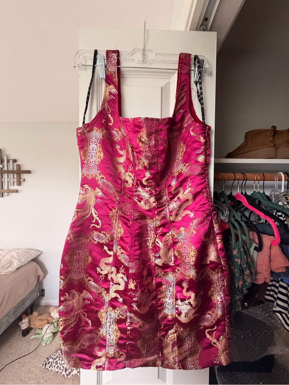 Missguided Fuchsia Pink Satin Dragon Print Mini Dress with Gold Accents